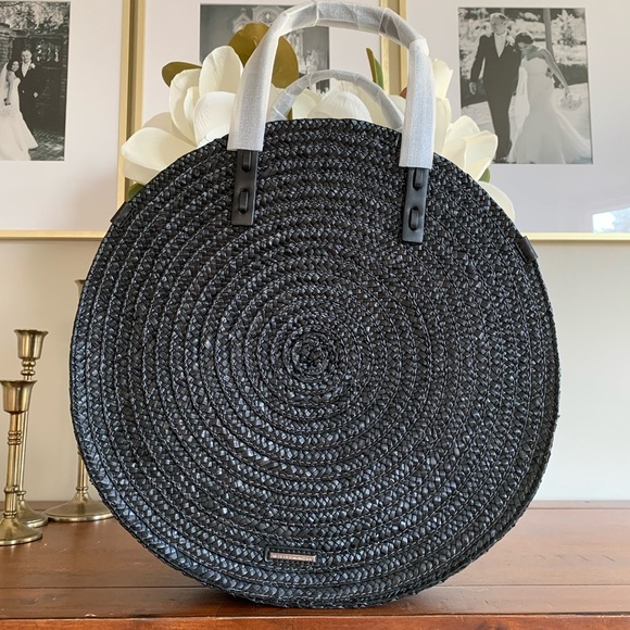 REBECCA MINKOFF STRAW Woven Black Circle Beach Large Tote Crossbody Tote - Picture 7 of 13